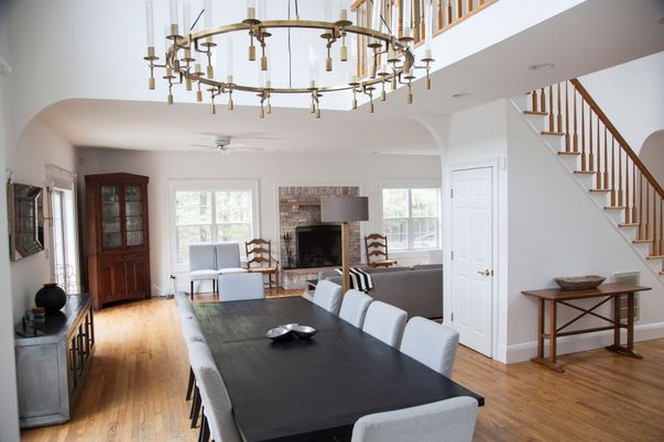 Dining room, Fireplace, Interior, Living room, Pendant Lights, Wood Texture Flooring