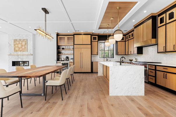Dining room, Fireplace, Interior, Kitchen, Pendant Lights, Recessed Lighting, Stainless Steel Appliances, Wooden Ceilings, Wood Texture Flooring
