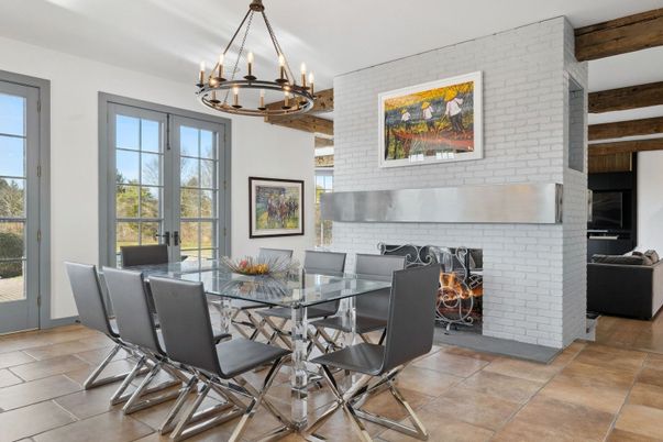 Chandelier, Dining room, Fireplace, Interior, Stone Walls, Wooden Beams