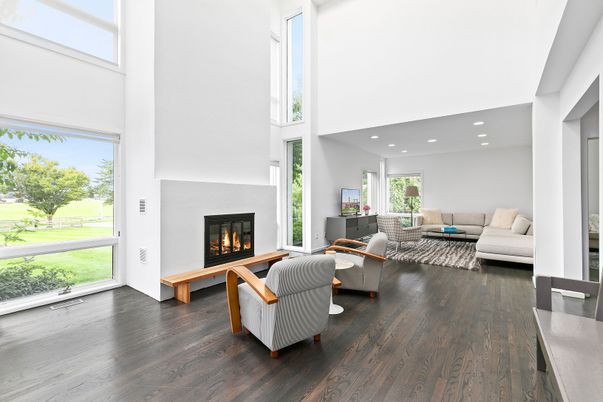 Fireplace, Interior, Living room, Recessed Lighting, Wood Texture Flooring