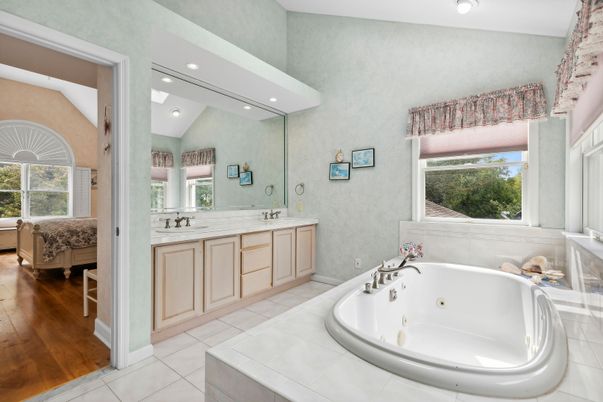 Bathroom, Dual Sink Vanities, Interior, Recessed Lighting, Wood Texture Flooring