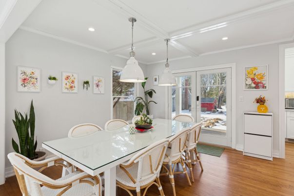 Dining room, Interior, Pendant Lights, Recessed Lighting, Wood Texture Flooring
