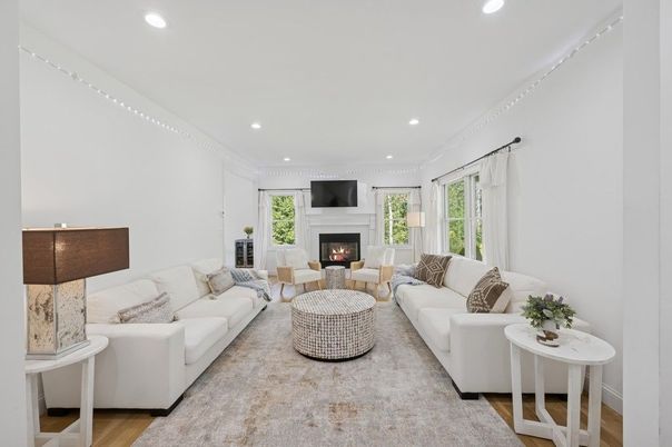 Fireplace, Interior, Living room, Recessed Lighting, Wood Texture Flooring