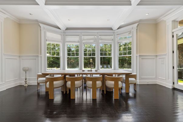 Dining room, Interior, Recessed Lighting, Wood Texture Flooring