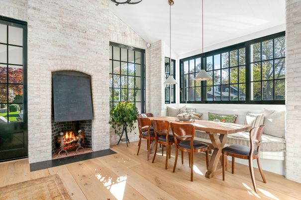 Dining room, Fireplace, Interior, Pendant Lights, Stone Walls, Wood Texture Flooring