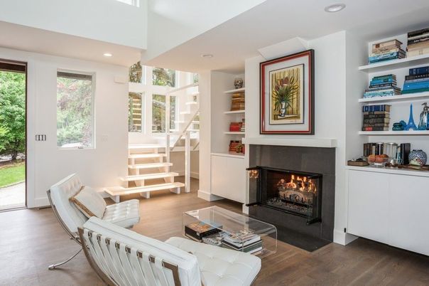 Fireplace, Interior, Living room, Recessed Lighting, Wood Texture Flooring