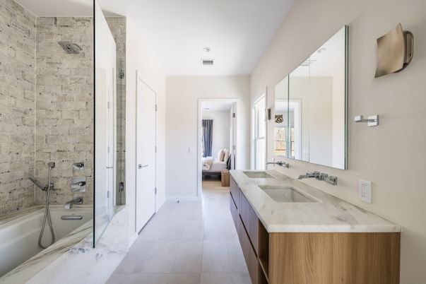 Bathroom, Dual Sink Vanities, Glass Shower, Interior, Stone Walls
