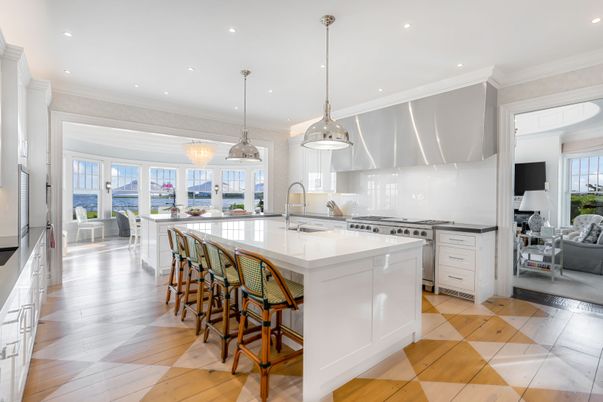 Interior, Kitchen, Pendant Lights, Recessed Lighting, Water, Wood Texture Flooring