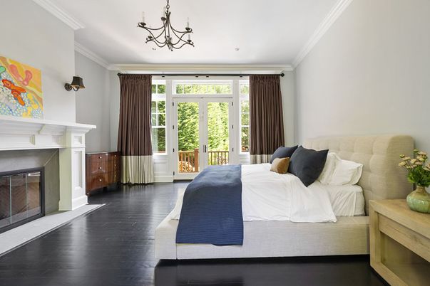 Bedroom, Chandelier, Fireplace, Interior, Wood Texture Flooring