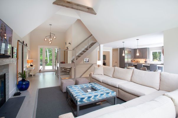 Fireplace, Interior, Living room, Pendant Lights, Wooden Beams, Wood Texture Flooring
