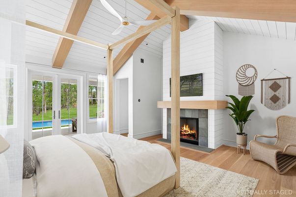 Bedroom, Fireplace, Interior, Wood Texture Flooring