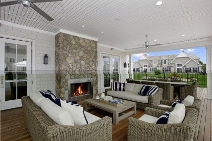 Fireplace, Interior, Living room, Pendant Lights, Recessed Lighting, Stone Walls, Wood Texture Flooring