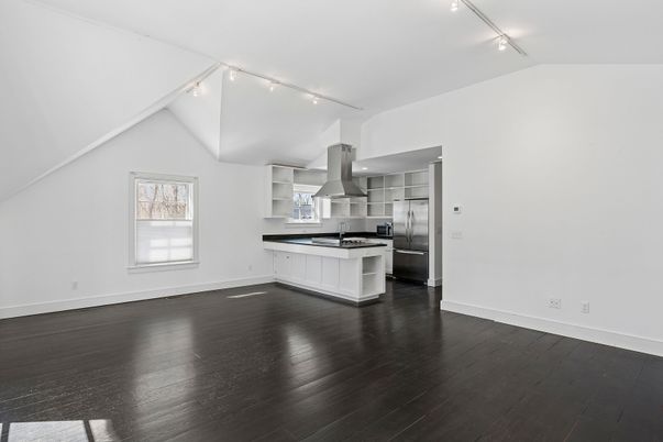 Empty room, Interior, Kitchen, Stainless Steel Appliances, Wood Texture Flooring