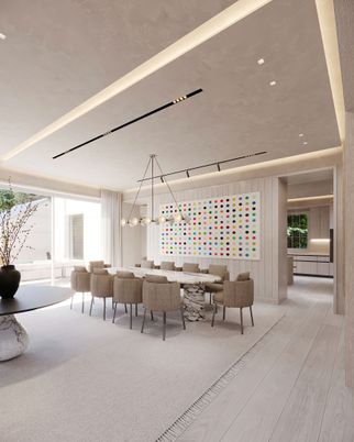 Dining room, Interior, Living room, Pendant Lights, Recessed Lighting, Wood Texture Flooring