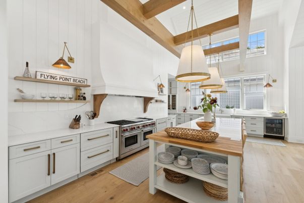 Interior, Kitchen, Pendant Lights, Recessed Lighting, Stainless Steel Appliances, Wooden Beams, Wood Texture Flooring