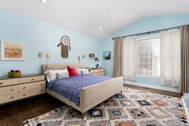 Bedroom, Interior, Recessed Lighting, Wood Texture Flooring