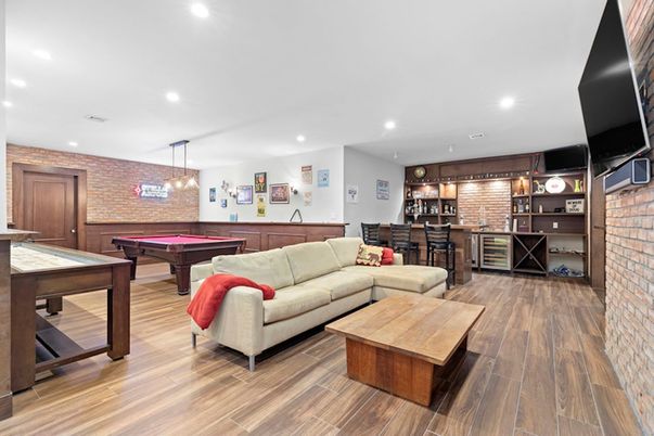 Billiard Table, Game Room, Interior, Kitchen, Living room, Pendant Lights, Recessed Lighting, Stone Walls, Wood Texture Flooring