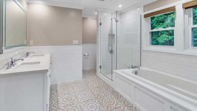 Bathroom, Dual Sink Vanities, Glass Shower, Interior, Recessed Lighting