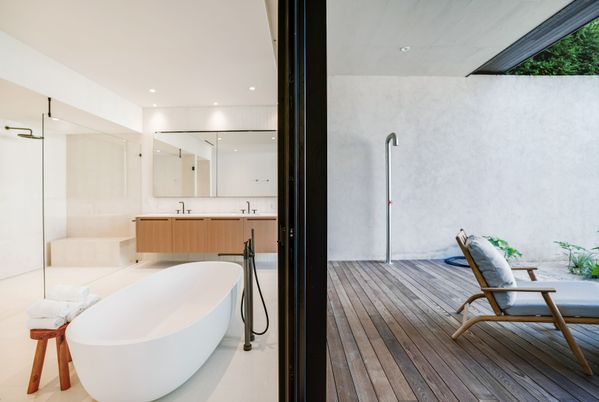 Bathroom, Dual Sink Vanities, Free Standing Baths, Interior, Recessed Lighting, Wood Texture Flooring