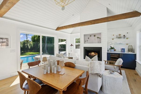 Dining room, Fireplace, Interior, Living room, Wooden Beams, Wood Texture Flooring