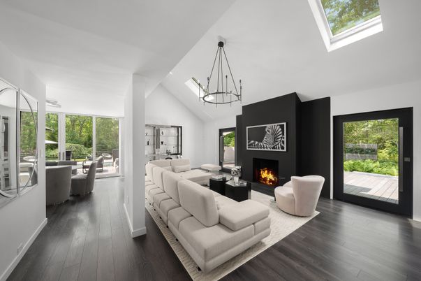 Dining room, Fireplace, Interior, Living room, Pendant Lights, Wood Texture Flooring