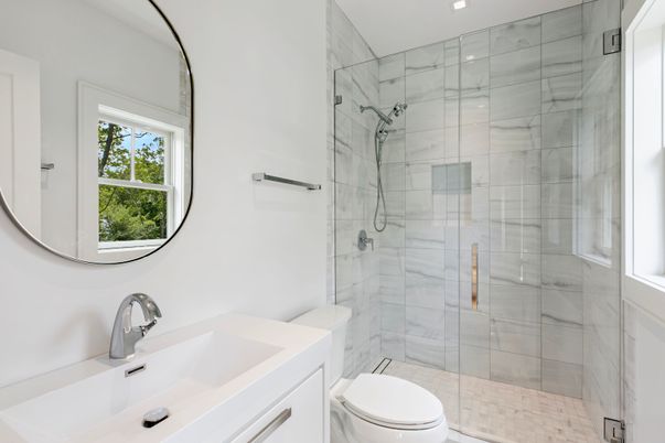 Bathroom, Glass Shower, Interior, Marble Walls, Recessed Lighting