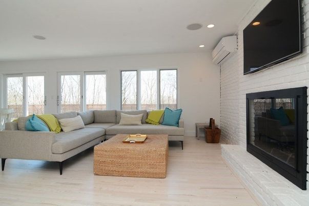 Fireplace, Interior, Living room, Recessed Lighting, Stone Walls, Wood Texture Flooring