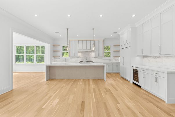 Interior, Kitchen, Marble Walls, Pendant Lights, Recessed Lighting, Wood Texture Flooring