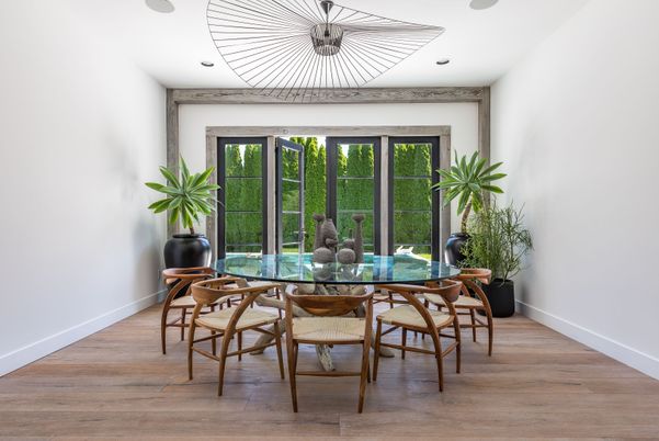 Dining room, Interior, Recessed Lighting, Wood Texture Flooring