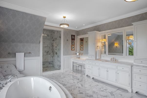 Bathroom, Dual Sink Vanities, Glass Shower, Interior, Marble, Marble Walls, Recessed Lighting