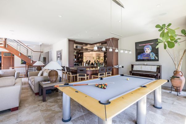 Billiard Table, Game Room, Interior, Living room, Pendant Lights, Piano, Recessed Lighting