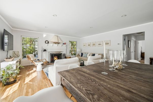 Dining room, Fireplace, Interior, Living room, Pendant Lights, Recessed Lighting, Wood Texture Flooring