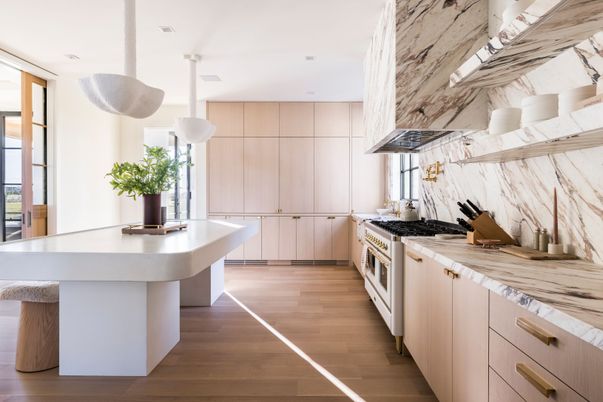 Interior, Kitchen, Marble Walls, Pendant Lights, Recessed Lighting, Wood Texture Flooring