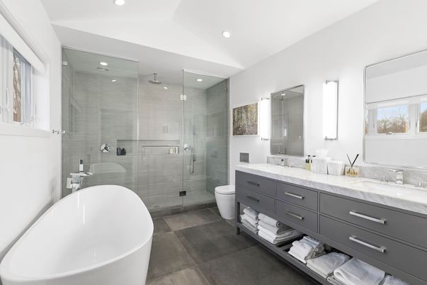 Bathroom, Dual Sink Vanities, Free Standing Baths, Glass Shower, Interior, Recessed Lighting