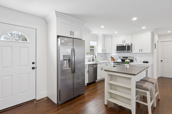 Interior, Kitchen, Recessed Lighting, Stainless Steel Appliances, Wood Texture Flooring