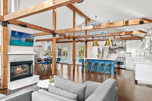 Dining room, Fireplace, Interior, Kitchen, Living room, Pendant Lights, Recessed Lighting, Stainless Steel Appliances, Wooden Beams, Wood Texture Flooring