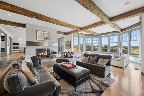 Fireplace, Interior, Living room, Recessed Lighting, Wooden Beams, Wood Texture Flooring
