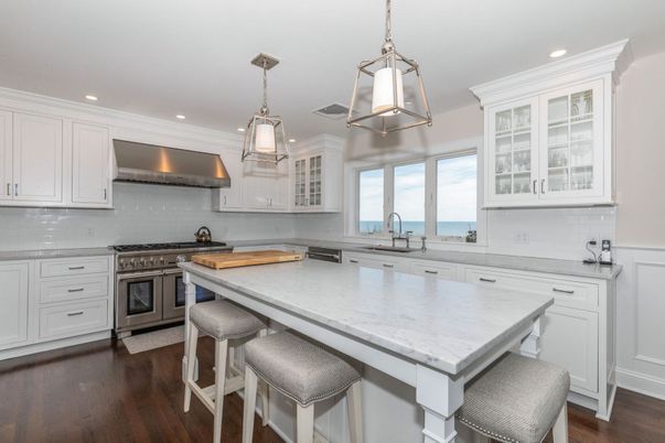 Interior, Kitchen, Pendant Lights, Recessed Lighting, Stainless Steel Appliances, Water, Wood Texture Flooring