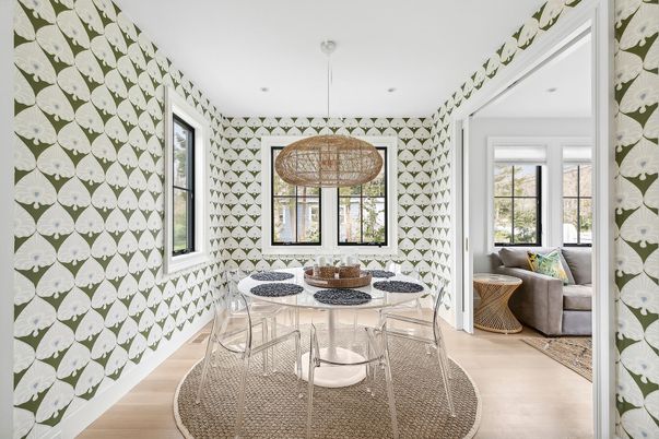 Dining room, Interior, Pendant Lights, Recessed Lighting, Wood Texture Flooring