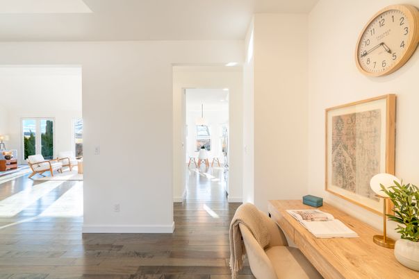 Dining room, Interior, Living room, Recessed Lighting, Wood Texture Flooring