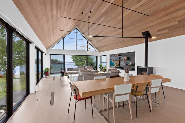 Dining room, Fireplace, Interior, Living room, Pendant Lights, Wooden Ceilings, Wood Texture Flooring
