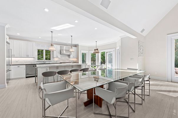Dining room, Interior, Kitchen, Pendant Lights, Recessed Lighting, Wood Texture Flooring