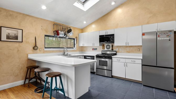 Interior, Kitchen, Recessed Lighting, Stainless Steel Appliances, Wood Texture Flooring