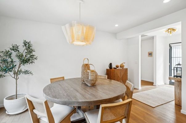 Dining room, Interior, Pendant Lights, Recessed Lighting, Wood Texture Flooring