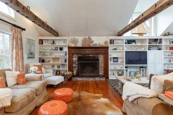 Fireplace, Interior, Living room, Wooden Beams, Wood Texture Flooring