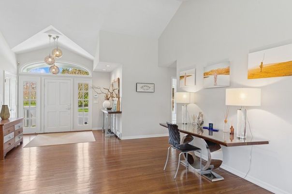 Home Office, Interior, Pendant Lights, Recessed Lighting, Wood Texture Flooring