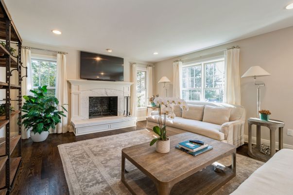 Fireplace, Interior, Living room, Recessed Lighting, Wood Texture Flooring