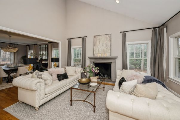 Dining room, Fireplace, Interior, Living room, Pendant Lights, Recessed Lighting, Wood Texture Flooring