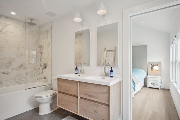 Bathroom, Bedroom, Glass Shower, Interior, Marble Walls, Recessed Lighting, Wood Texture Flooring