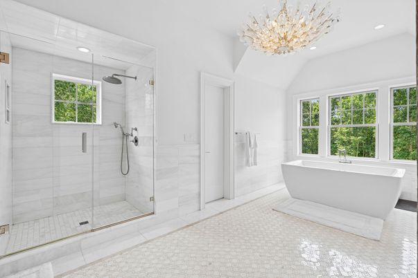 Bathroom, Free Standing Baths, Glass Shower, Interior, Marble Walls, Recessed Lighting